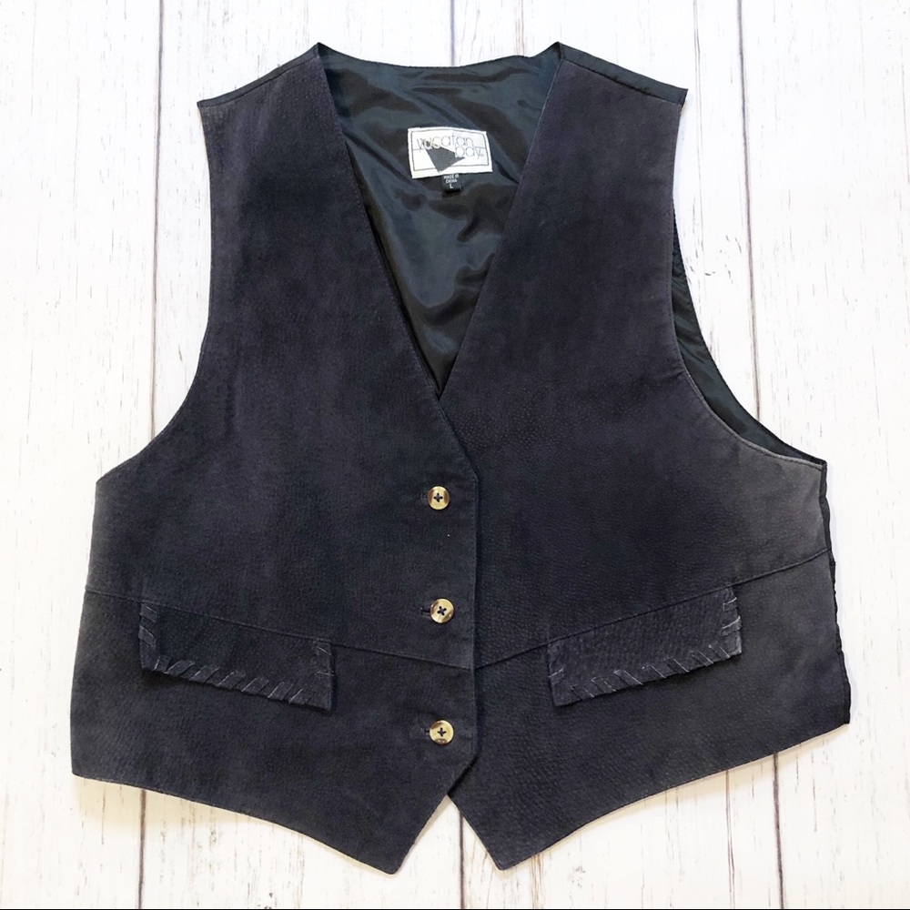 Vintage 80’s black leather button up vest large